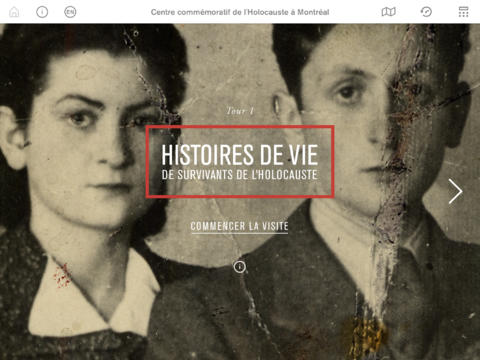 Page d'accueil de l'application iPad du Centre commémoratif de l'Holocauste à Montréal