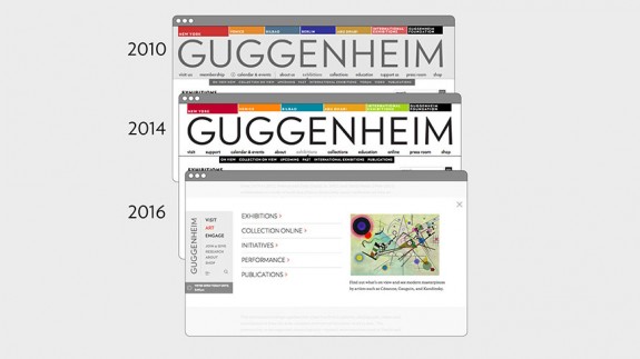 Evolution du design du site web de la Fondation Guggenheim de 2010 à 2016