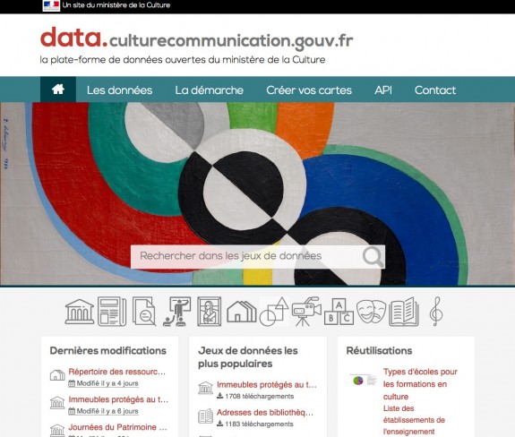 Page d'accueil de la plateforme de données ouvertes du ministère data.culturecommunication.gouv.fr 