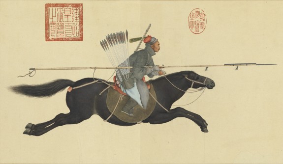 Ayusi brandissant sa lance anéantit les rebelles. Giuseppe Castiglione (Lang Shiming) 1755, Dynastie Qing. Rouleau horizontal, encre et couleurs sur papier. 27,1 x 104,4 cm. (c) NPM