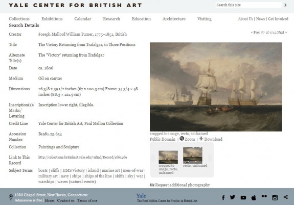 Page de présentation de l'oeuvre de Turner The "Victory" returning from Trafalgar sur le site collections.britishart.yale.edu/ (avec possibilité de téléchargement et de zoom sur l'image) 